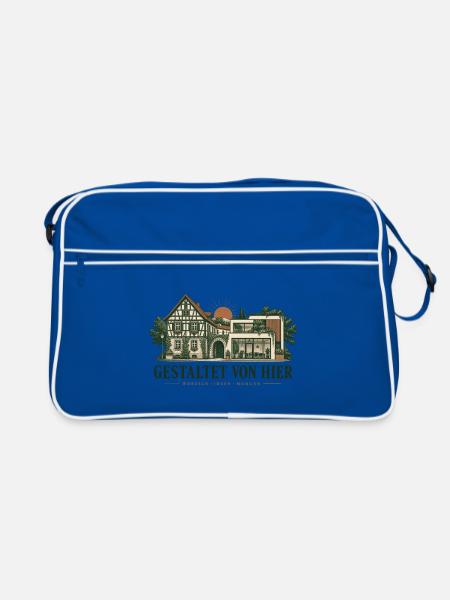 Gestaltet Von Hier Haus Illustration - Retro Tasche - Blau/Weiß