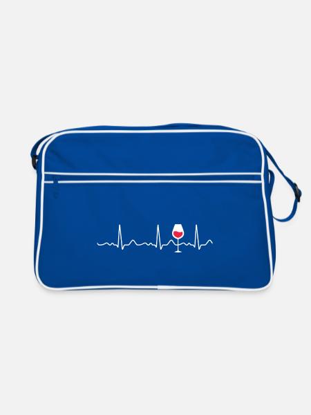 Red wine - heartbeat, pulse, heart line, ECG - Retro Bag - blue/white - Front
