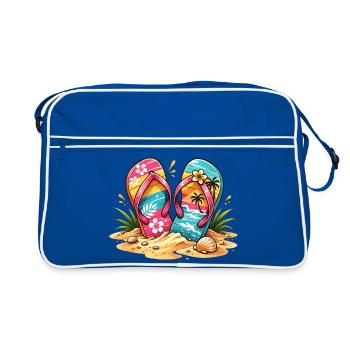 Flip Flops am Strand Illustration  - Retro Tasche - Blau/Weiß - Vorne