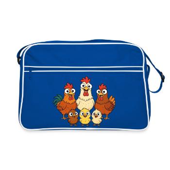 Hühner, Hähne und Küken - Retro Tasche - Blau/Weiß - Vorne