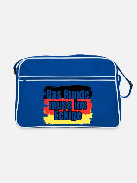 Das Runde muss ins Eckige - Spruch - Retro Tasche - Blau/Weiß - Vorne