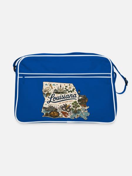 Louisiana Pelican State Vintage Reiseaufkleber - Retro Tasche - Blau/Weiß - Vorne