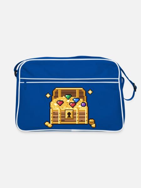 Pixel Art Schatztruhe voller Gold und Edelsteine - Retro Tasche - Blau/Weiß