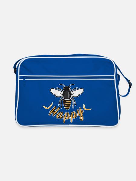 Happy bee with 'Happy' lettering - Retro Bag - blue/white - Front