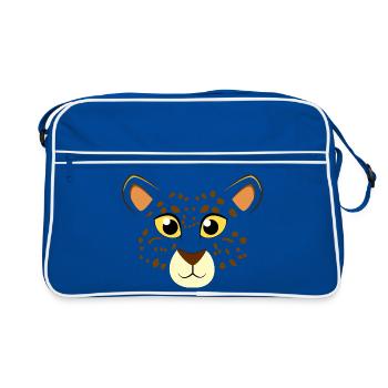 Niedliches Cartoon-Leopardengesicht Große Katzen-Tiere Wildtiere - Retro Tasche - Blau/Weiß - Vorne
