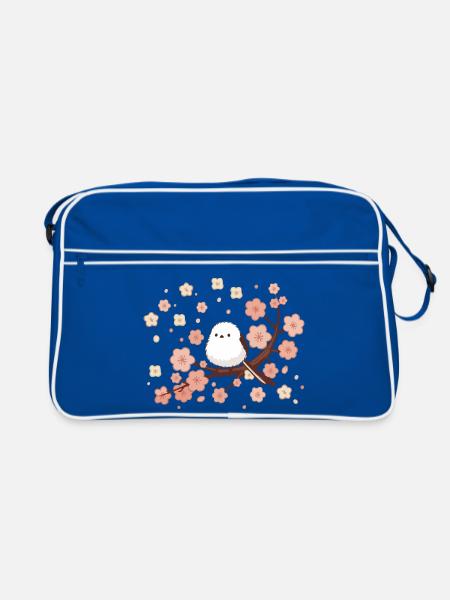 Süße Schwanzmeise im Kirschblütenbaum - Retro Tasche - Blau/Weiß