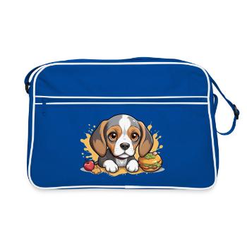 Kleiner Beagle Welpe mit Apfel und Burger - Retro Tasche - Blau/Weiß - Vorne