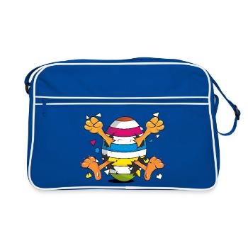 Lustiges Küken im Osterei Cartoon Motiv - Retro Tasche - Blau/Weiß - Vorne