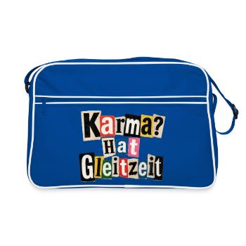 Karma? Hat Gleitzeit – lustiger Spruch - Retro Tasche - Blau/Weiß - Vorne