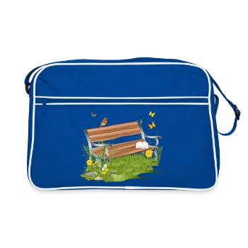 schöne Sitzbank am Waldrand lädt zum verweilen ein - Retro Tasche - Blau/Weiß - Vorne