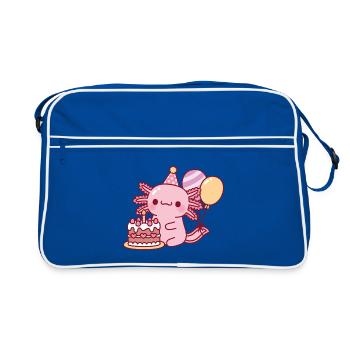 Niedlicher Axolotl mit Geburtstagskuchen und Luftballons - Retro Tasche - Blau/Weiß - Vorne