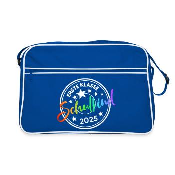 Ers­te Klasse Schul­beginn 2025 - Retro Tasche - Blau/Weiß - Vorne