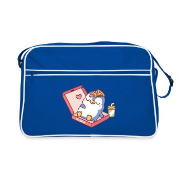 Mignon manchot bleu rassasié après avoir mangé de la pizza drôle - Sac Retro - bleu/blanc - Devant