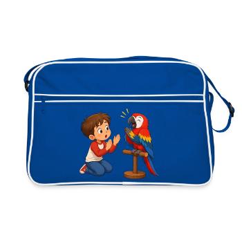 Colorful parrot claps with amazed boy - Retro Bag - blue/white - Front