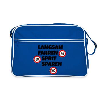 Langsam fahren - Sprit sparen - Tempolimit - Retro Tasche - Blau/Weiß - Vorne