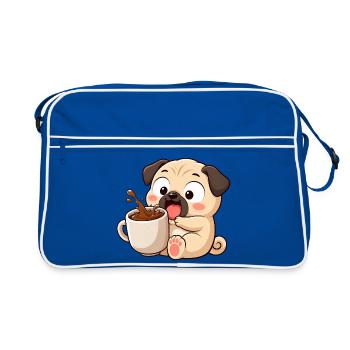 Süßer Mops Kaffee Kaffeeliebhaber Cartoon Lustig - Retro Tasche - Blau/Weiß - Vorne