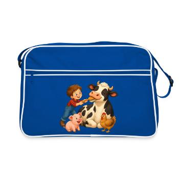 Un garçon brossant la vache sur la ferme joyeuse - Sac Retro - bleu/blanc - Devant