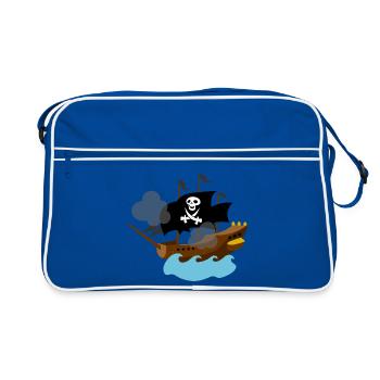 Piratenschiff im Meer - Retro Tasche - Blau/Weiß - Vorne