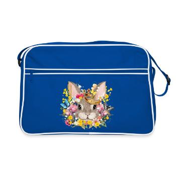 Kaninchen mit Krone & frühlingshaften Accessoires - Retro Tasche - Blau/Weiß - Vorne