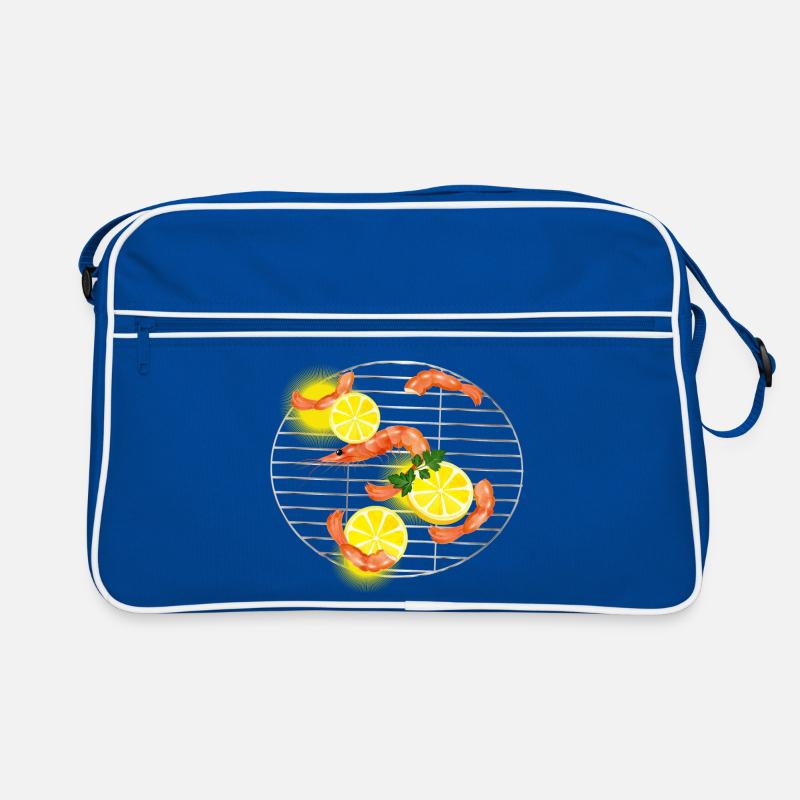 Garnelen oder Shrimps mit Zitronen auf Grillrost Retro Tasche