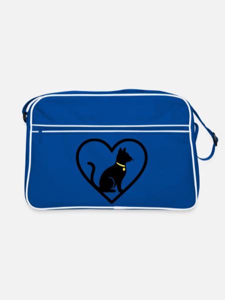 Katze Herz Silhouette Niedlicher Haustierliebhaber - Retro Tasche - Blau/Weiß - Vorne