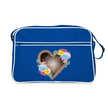 Heart-shaped bird's nest with spring flowers - Retro Bag - blue/white - Front