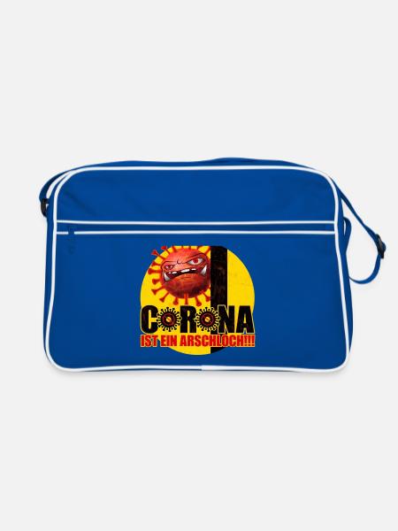 Corona ist ein Arschloch Coronashirt Lockdown - Retro Tasche - Blau/Weiß - Vorne