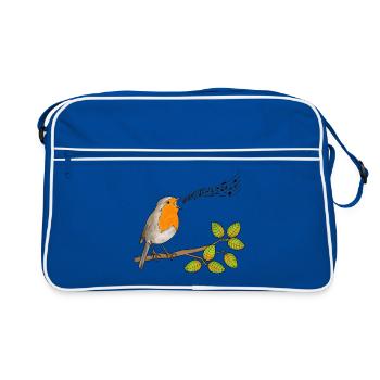 Singendes Rotkehlchen, Musiknoten - Retro Tasche - Blau/Weiß - Vorne