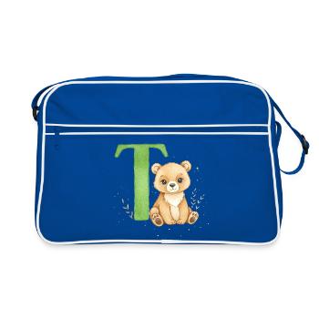 Teddy mit grünem Buchstaben T - Retro Tasche - Blau/Weiß - Vorne