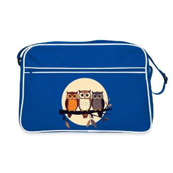 Trois chouettes sur une branche dans le motif de la chouette au clair de lune - Sac Retro - bleu/blanc - Devant