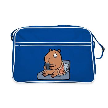 Müde, süße Capybara spielt vor dem Schlafengehen am Handy - Retro Tasche - Blau/Weiß - Vorne