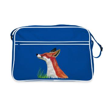 Fuchs schnuppert im Gras - Retro Tasche - Blau/Weiß - Vorne