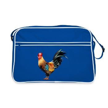 kunstvoll gezeichneter und bunt kolorierter Hahn - Retro Tasche - Blau/Weiß - Vorne