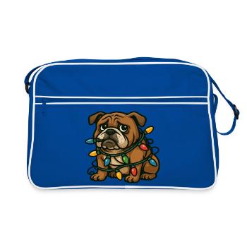 Bulldogge verwickelt in Weihnachtslichtern süße Karikatur - Retro Tasche - Blau/Weiß - Vorne