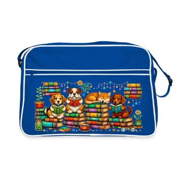 Lesende Hunde mit Bücherstapeln - Retro Tasche - Blau/Weiß - Vorne