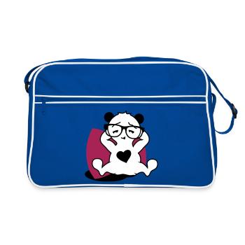 Panda avec des lunettes de nerd et un bouton de coeur en se détendant - Sac Retro - bleu/blanc - Devant