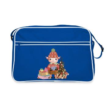 Adorable Cute Christmas Elf with Gifts - Retro Bag - blue/white - Front