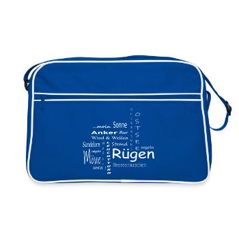 Rügen Ostsee Anker Möwe Ahoi! Sonne ...moin - Retro Tasche - Blau/Weiß - Vorne