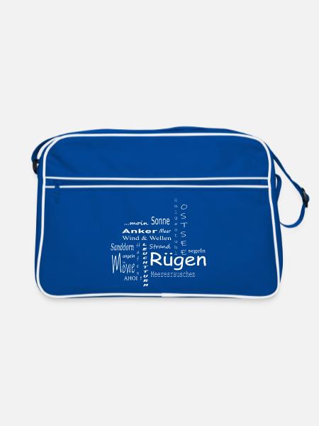 Rügen Ostsee Anker Möwe Ahoi! Sonne ...moin - Retro Tasche - Blau/Weiß - Vorne