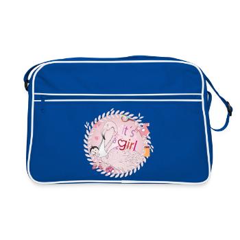 Flamingo with baby and baby utensils in pink - Retro Bag - blue/white - Front
