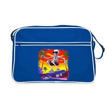 Skelett Skateboarder - Totenkopf - Retro Tasche - Blau/Weiß - Vorne