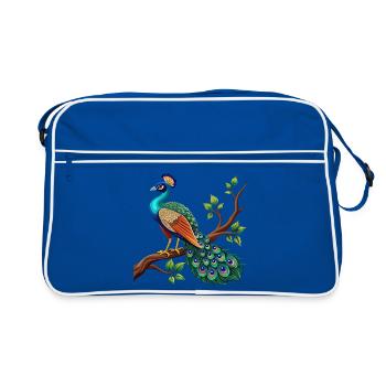 Einfacher Pfau auf Ast - Retro Tasche - Blau/Weiß - Vorne