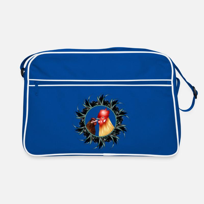 Rooster with hen in feather frame Retro Bag