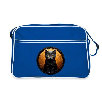 Schwarze Katze im Goldkreis - Retro Tasche - Blau/Weiß - Vorne