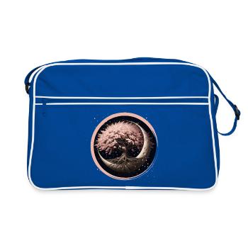 Elegant Cherry Blossom Bonsai Tree on Crescent Moon - Retro Bag - blue/white - Front