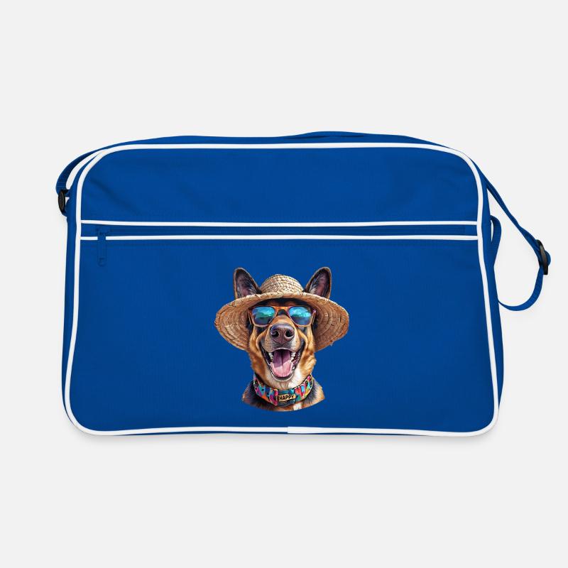 Deutscher Schäferhund mit Strohhut & Sonnenbrille - Retro Tasche - Blau/Weiß