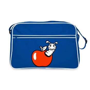 caterpillar apple fruit peeks out hole smiles sweet worm - Retro Bag - blue/white - Front