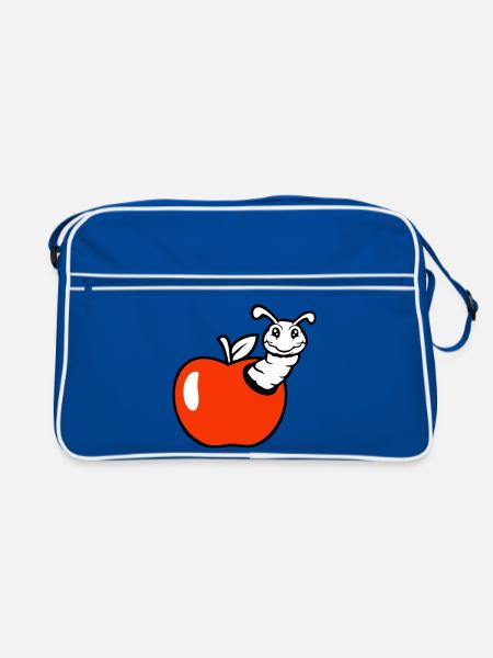 caterpillar apple fruit peeks out hole smiles sweet worm - Retro Bag - blue/white - Front