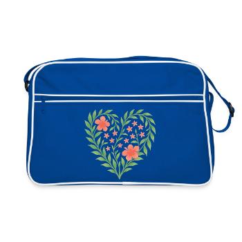 Blumenherz mit zarten roten Blüten - Retro Tasche - Blau/Weiß - Vorne