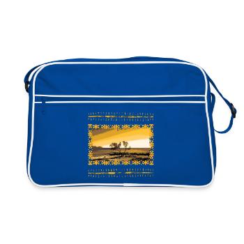 Sonnenuntergang am Fluss mit Ornamentrahmen - Retro Tasche - Blau/Weiß - Vorne